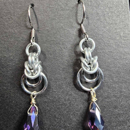 Silver Half Byzantine with Purple Crystal Drop Earrings