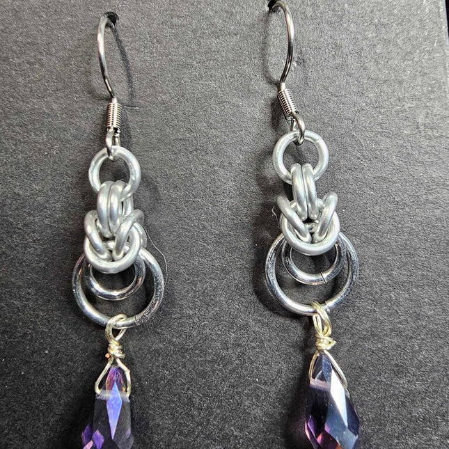 Silver Half Byzantine with Purple Crystal Drop Earrings