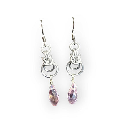 Silver Half Byzantine with Pink Crystal Drop Earrings