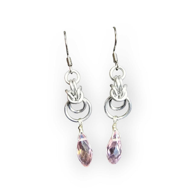 Silver Half Byzantine with Pink Crystal Drop Earrings