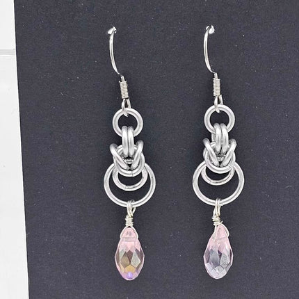 Silver Half Byzantine with Pink Crystal Drop Earrings