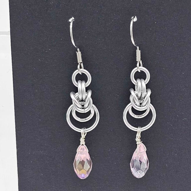 Silver Half Byzantine with Pink Crystal Drop Earrings