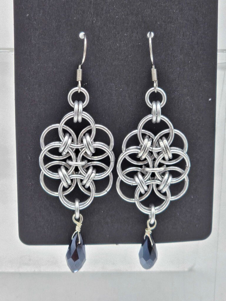 Silver Double Helm with Black Crystal Drop Earrings