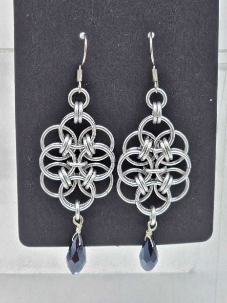 Silver Double Helm with Black Crystal Drop Earrings