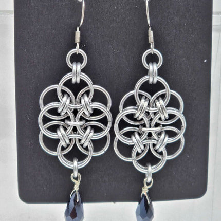 Silver Double Helm with Black Crystal Drop Earrings