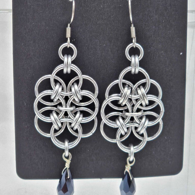 Silver Double Helm with Black Crystal Drop Earrings