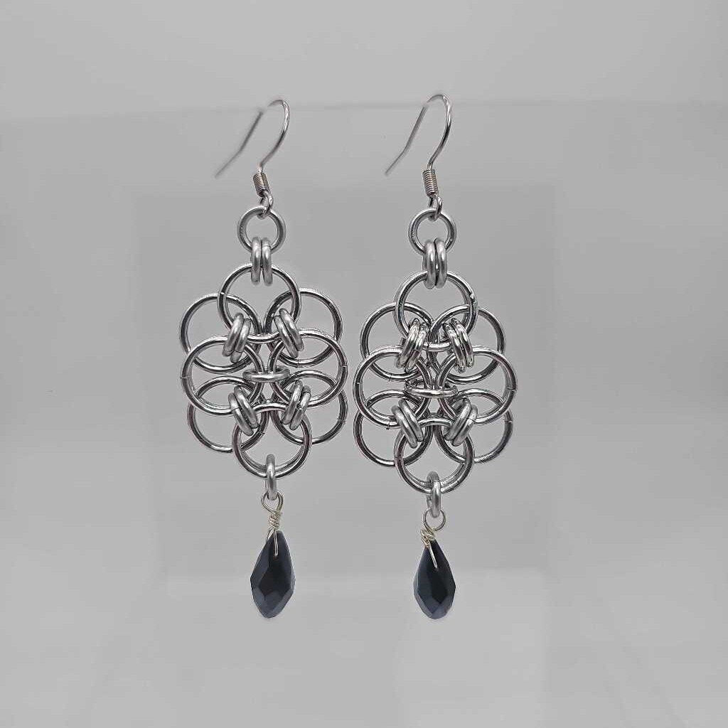 Silver Double Helm with Black Crystal Drop Earrings