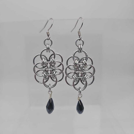 Silver Double Helm with Black Crystal Drop Earrings