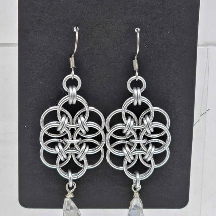 Silver Double Helm with White Crystal Drop Earrings