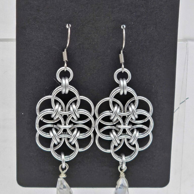 Silver Double Helm with White Crystal Drop Earrings