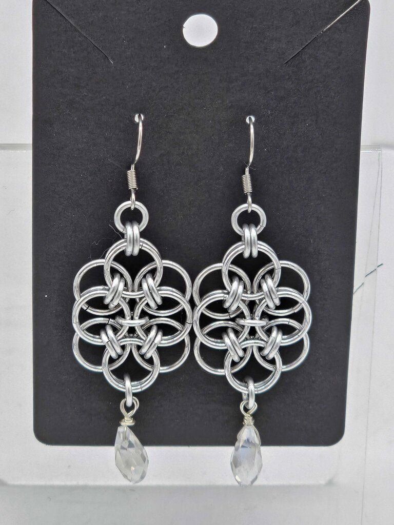 Silver Double Helm with White Crystal Drop Earrings