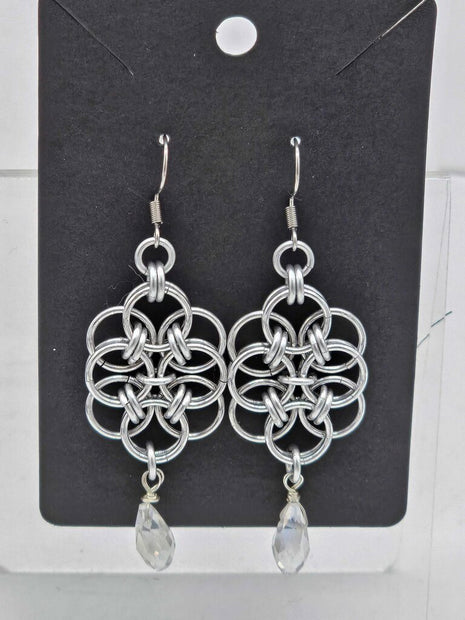 Silver Double Helm with White Crystal Drop Earrings
