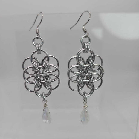 Silver Double Helm with White Crystal Drop Earrings