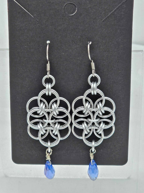 Silver Double Helm with Blue Crystal Drop Earrings