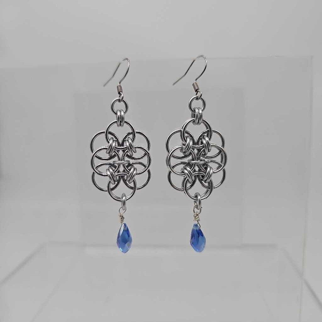 Silver Double Helm with Blue Crystal Drop Earrings