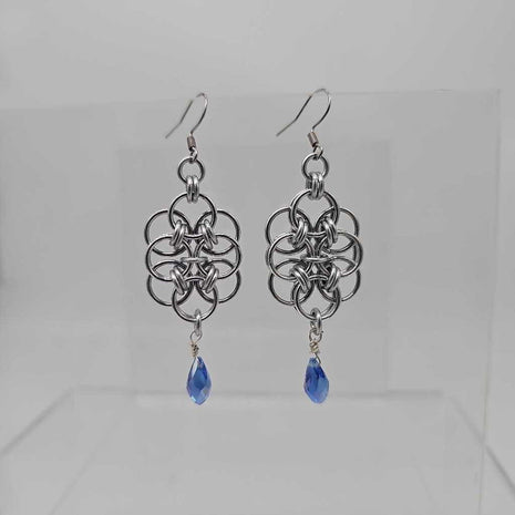 Silver Double Helm with Blue Crystal Drop Earrings