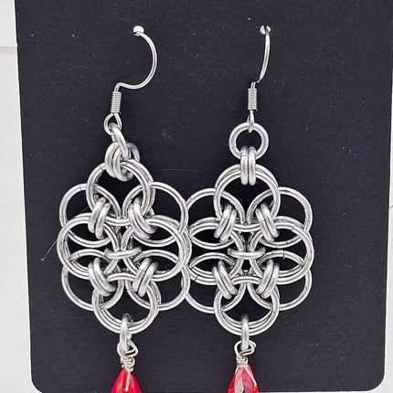 Silver Double Helm with Red Crystal Drop Earrings