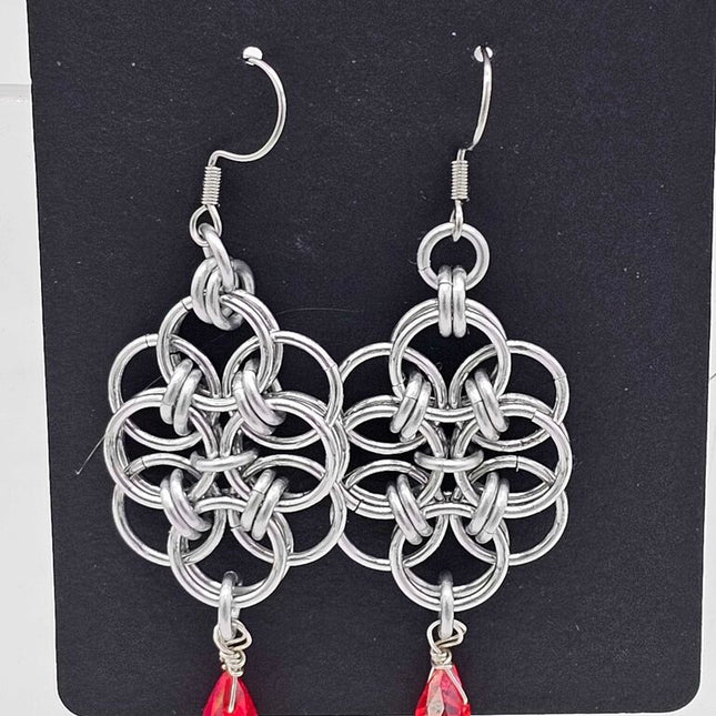 Silver Double Helm with Red Crystal Drop Earrings
