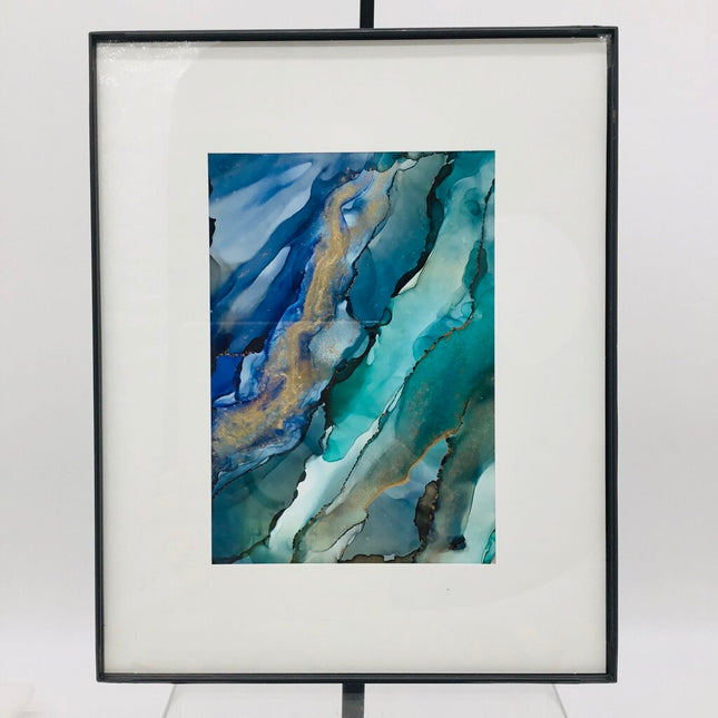 5x7 Painting Teal/Blue/Gold Abstract -Pop-in Frame