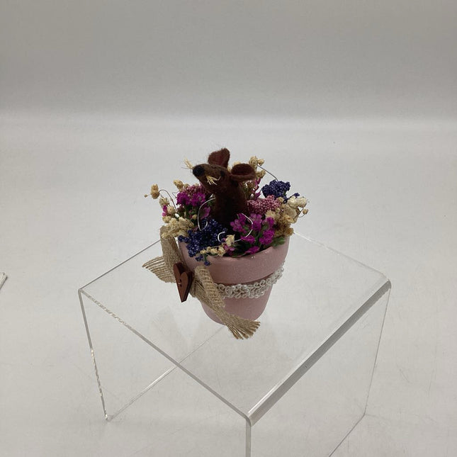 Pink Flower pot with brown mouse