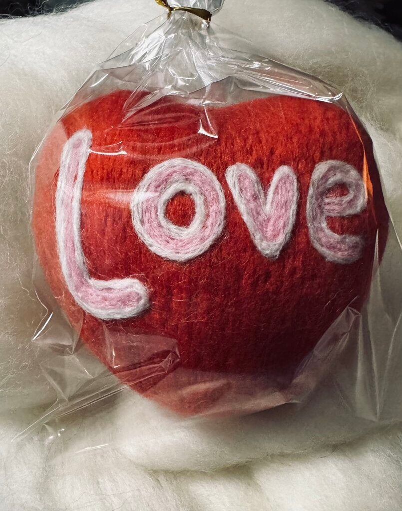 Wool felted conversation hanging heart: Love/Gra