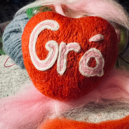 Wool felted conversation hanging heart: Love/Gra