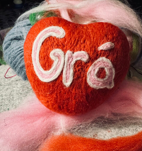 Wool felted conversation hanging heart: Love/Gra