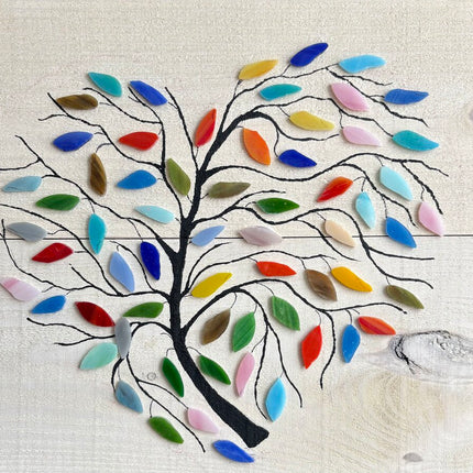 Heart Tree of Life on wood, glass leaves