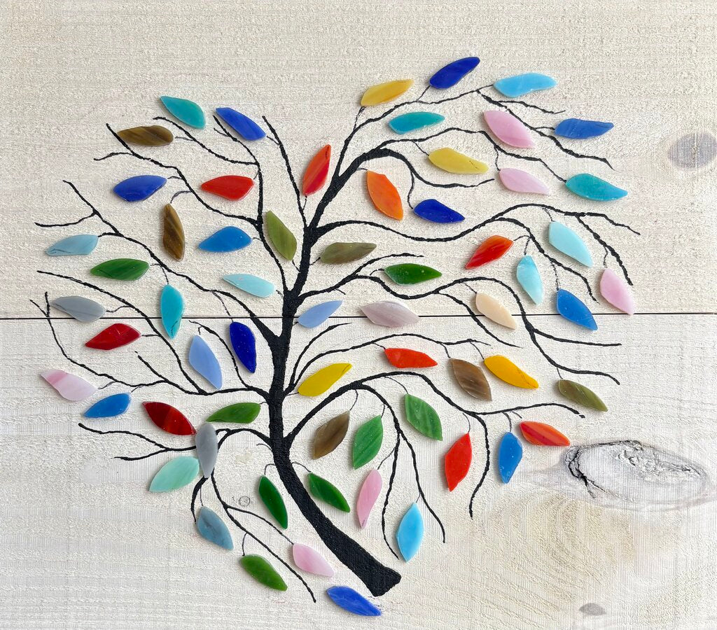 Heart Tree of Life on wood, glass leaves