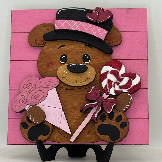 Valentine Bear w/Flowers & Lollipop Sm Sign - Interchangeable