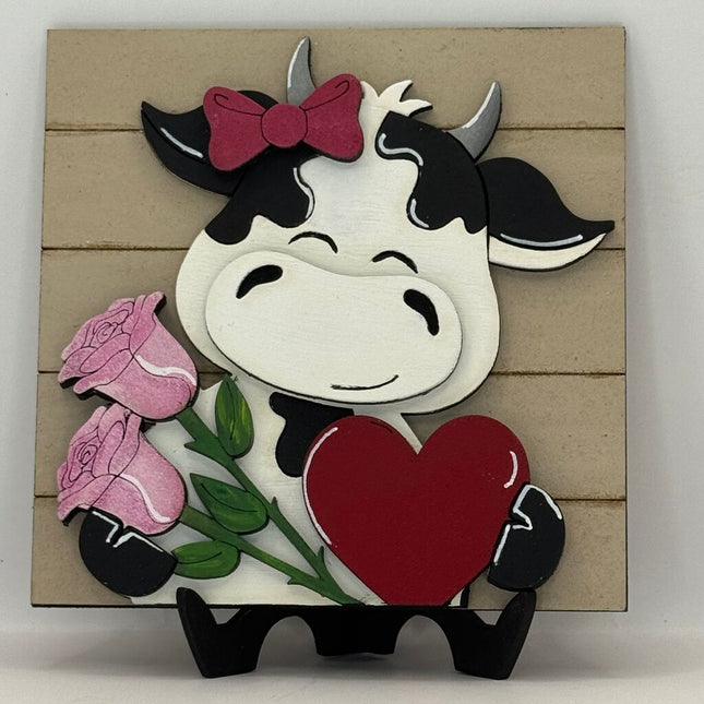 Valentine Cow W/Flowers & Heart Sm Sign - Interchangeable