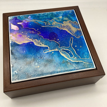 7x7 Walnut Box- 6x6Tile/Blue/Gold Abstract
