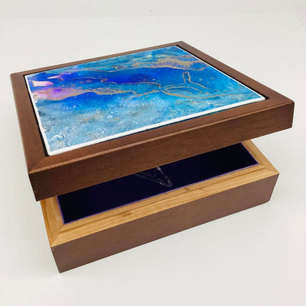 7x7 Walnut Box- 6x6Tile/Blue/Gold Abstract