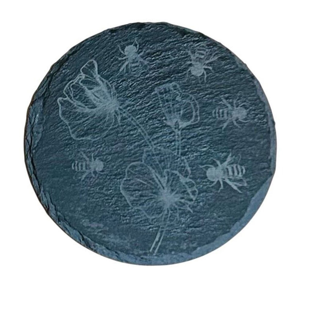 Slate Coaster Round Flowers & Bees