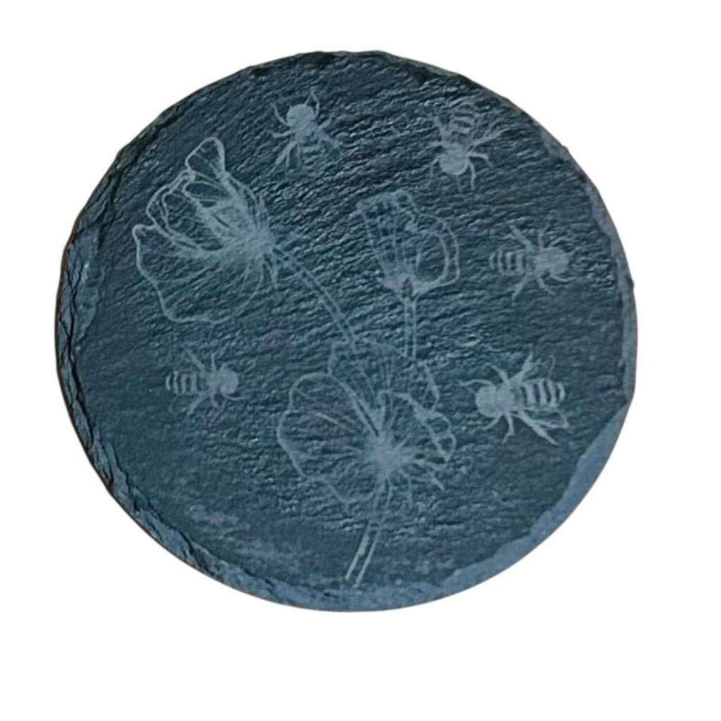 Slate Coaster Round Flowers & Bees