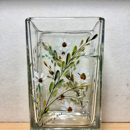 Rectangular vase daisies ivory eucalyptus