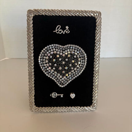 SHINY SILVER FRAME 4X6 vtg heart black tones edged with lots of rhinestones