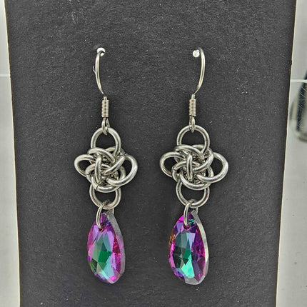 Silver Persephone with Green-Purple Crystal Drop Earrings