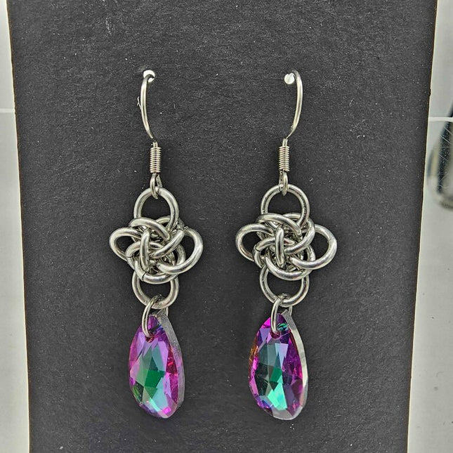 Silver Persephone with Green-Purple Crystal Drop Earrings