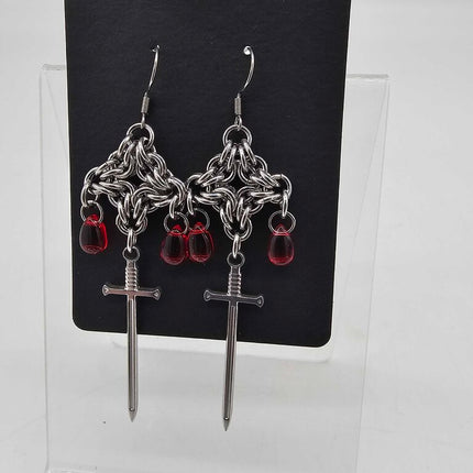 Stainless Steel Byzantine Diamond with Sword and Red Drops Earrings