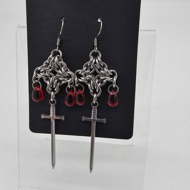 Stainless Steel Byzantine Diamond with Sword and Red Drops Earrings