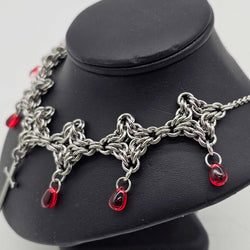 Stainless Steel Byzantine Diamond Necklace with Sword and Red Drops - view 3