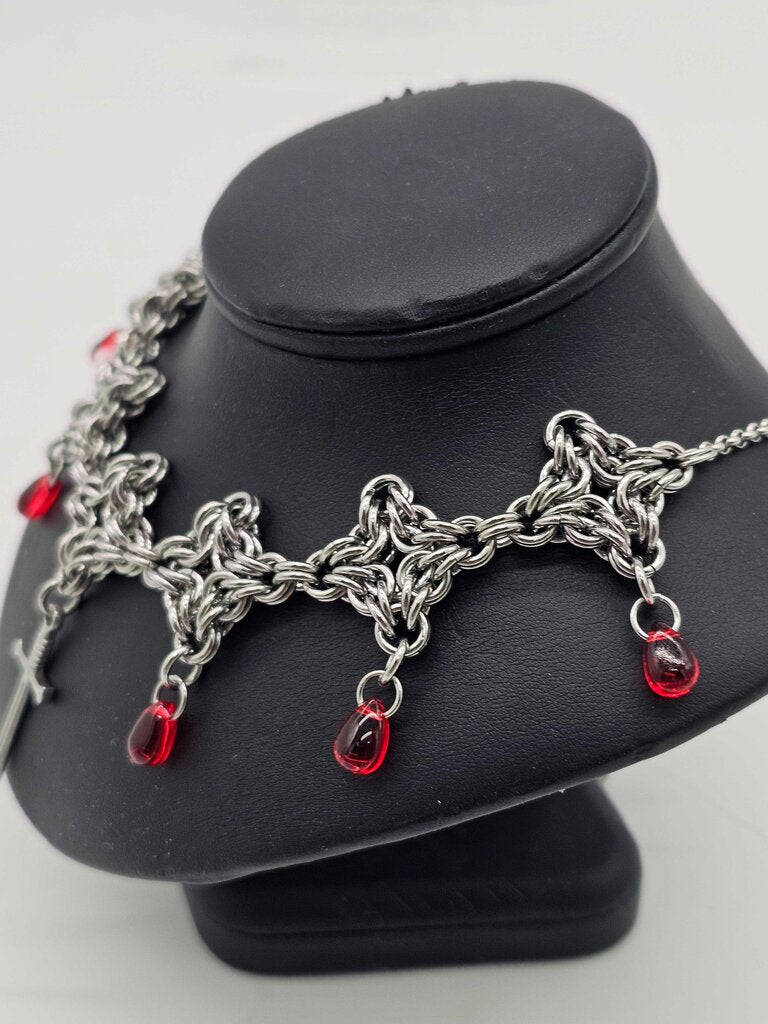 Stainless Steel Byzantine Diamond Necklace with Sword and Red Drops