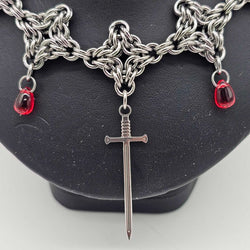 Stainless Steel Byzantine Diamond Necklace with Sword and Red Drops - view 2