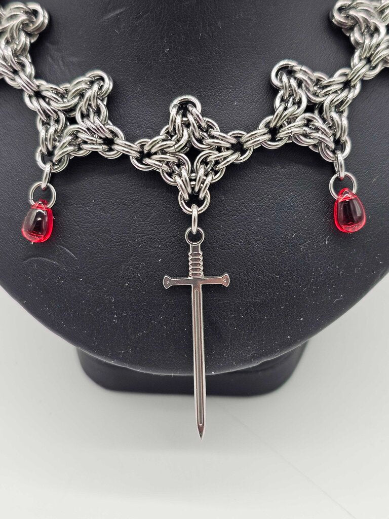 Stainless Steel Byzantine Diamond Necklace with Sword and Red Drops
