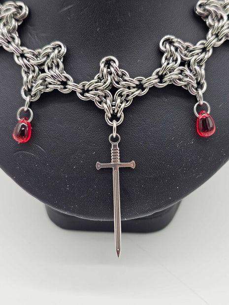 Stainless Steel Byzantine Diamond Necklace with Sword and Red Drops