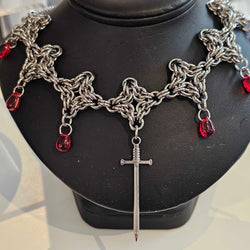 Stainless Steel Byzantine Diamond Necklace with Sword and Red Drops - view 5