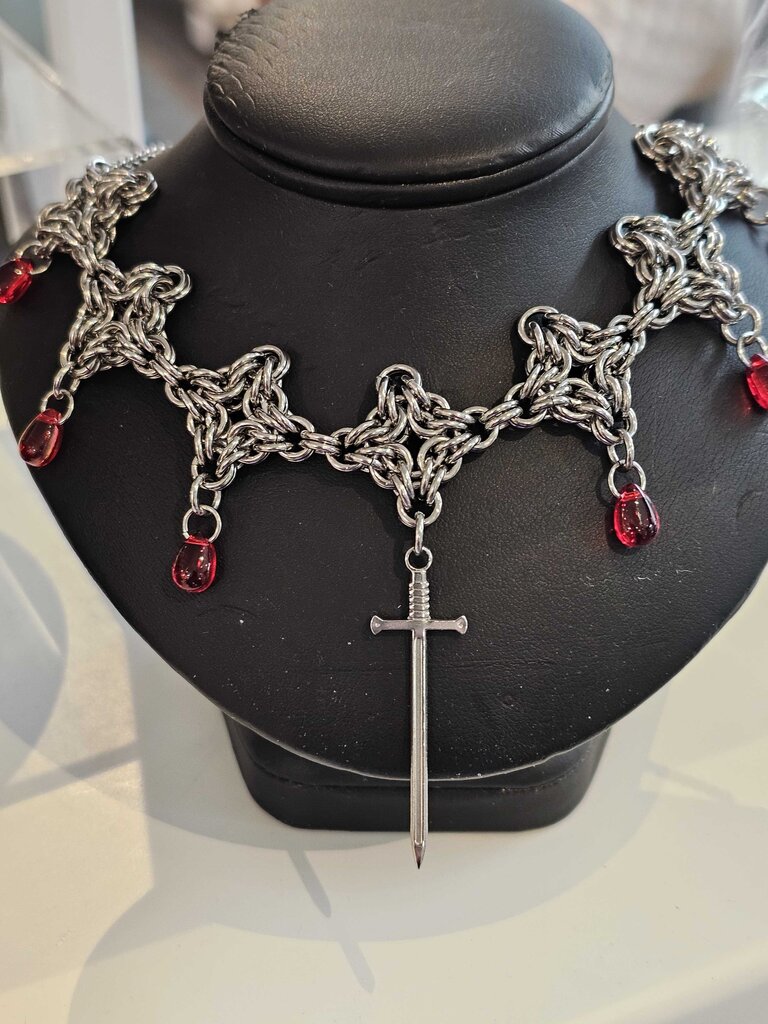 Stainless Steel Byzantine Diamond Necklace with Sword and Red Drops