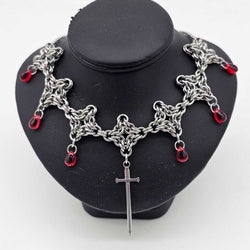 Stainless Steel Byzantine Diamond Necklace with Sword and Red Drops - view 1