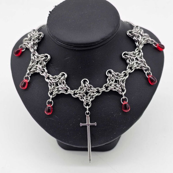 Stainless Steel Byzantine Diamond Necklace with Sword and Red Drops